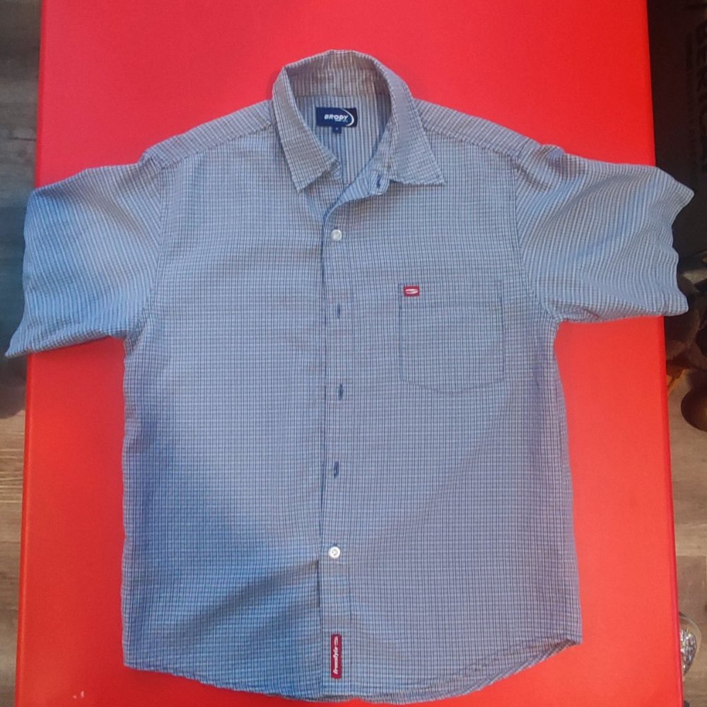 Brody Freestyle short sleeve button down shirt light blue checkered men's size M